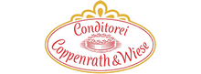 Logo Conditorei Coppenrath & Wiese mit roter Schrift in einem dekorativen Siegel mit dem Bild einer Torte