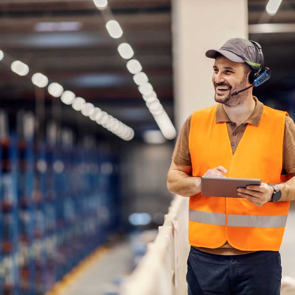 Ein lächelnder Lagerarbeiter in einer orangefarbenen Sicherheitsweste und grauen Kappe steht in einem großen Hochregallager. Er trägt ein Headset mit Mikrofon und hält ein Tablet in den Händen. Der Hintergrund zeigt unscharf verlaufende, blaue Lagerregale