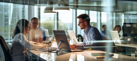 Mann am Laptop sitzt mit 2 weiteren Personen an einem Tisch in einem großen Büro